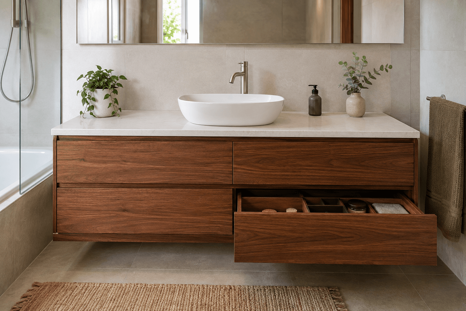 Walnut bathroom vanity with a basin, mirror and open storage drawer