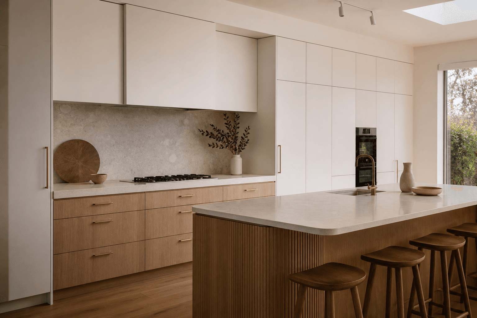 custom oak and warm-white kitchen with a generous island and crafted cabinetry