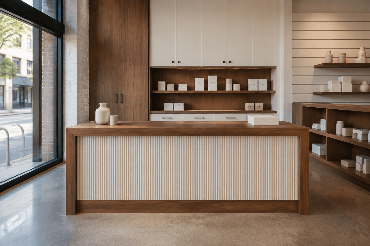 Timber shop counter with fitted display shelves and stock storage