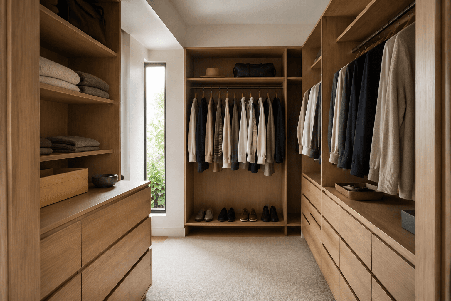 Timber walk-in wardrobe with hanging rails, shelves and fitted drawers